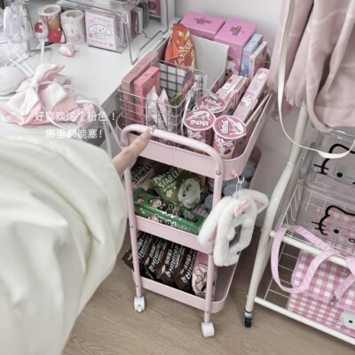 【巨好收纳！】可爱小猫粉色小推车置物架零食收纳架可移动多层女