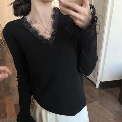 纯欲风黑色蕾丝v领针织衫女春季2025新款大衣内搭打底衫毛衣上衣
