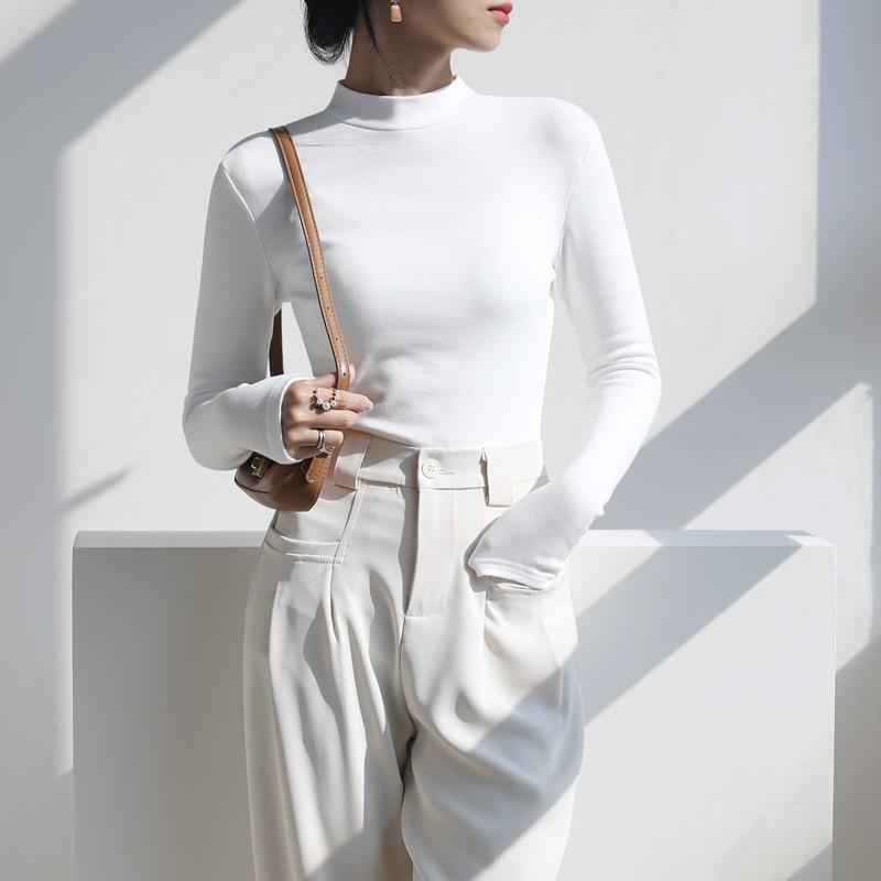 半高领打底衫女纯棉t恤磨毛内搭白色中立领上衣黑色紧身秋衣修身