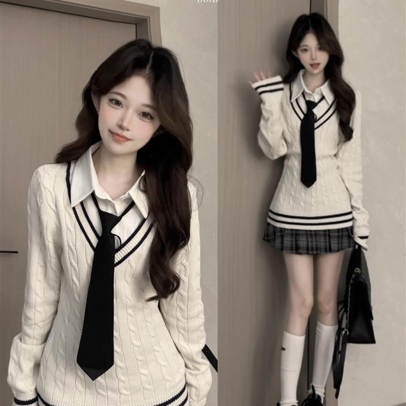 韩系穿搭假两件针织衫学院风衬衫领拼接毛衣巨好看的早秋上衣女