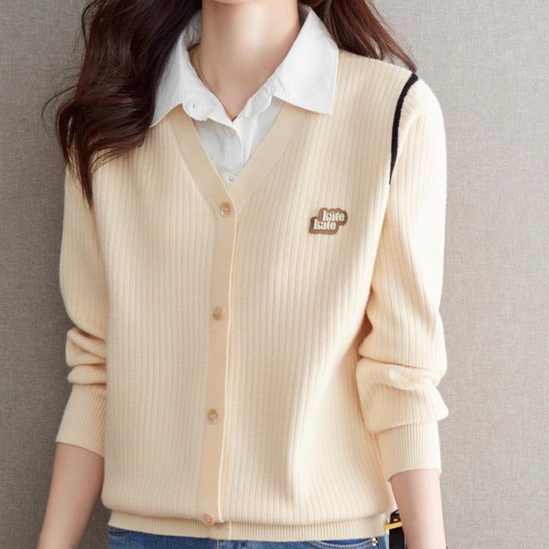 假两件上衣女时尚洋气2025秋冬新款衬衣领宽松针织毛衣长袖打底衫