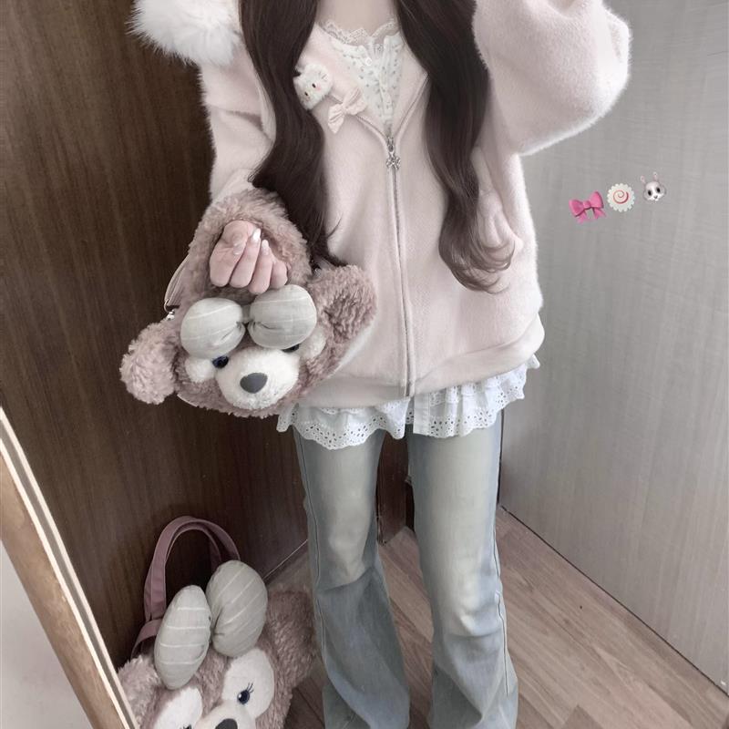 韩系高级感甜美粉色大毛领连帽针织开衫毛衣女秋冬季慵懒外套上衣