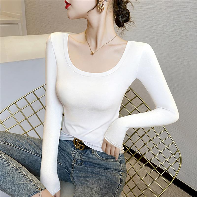 白色打底衫女内搭螺纹针织U领2024春秋冬修身显瘦长袖T恤低领上衣