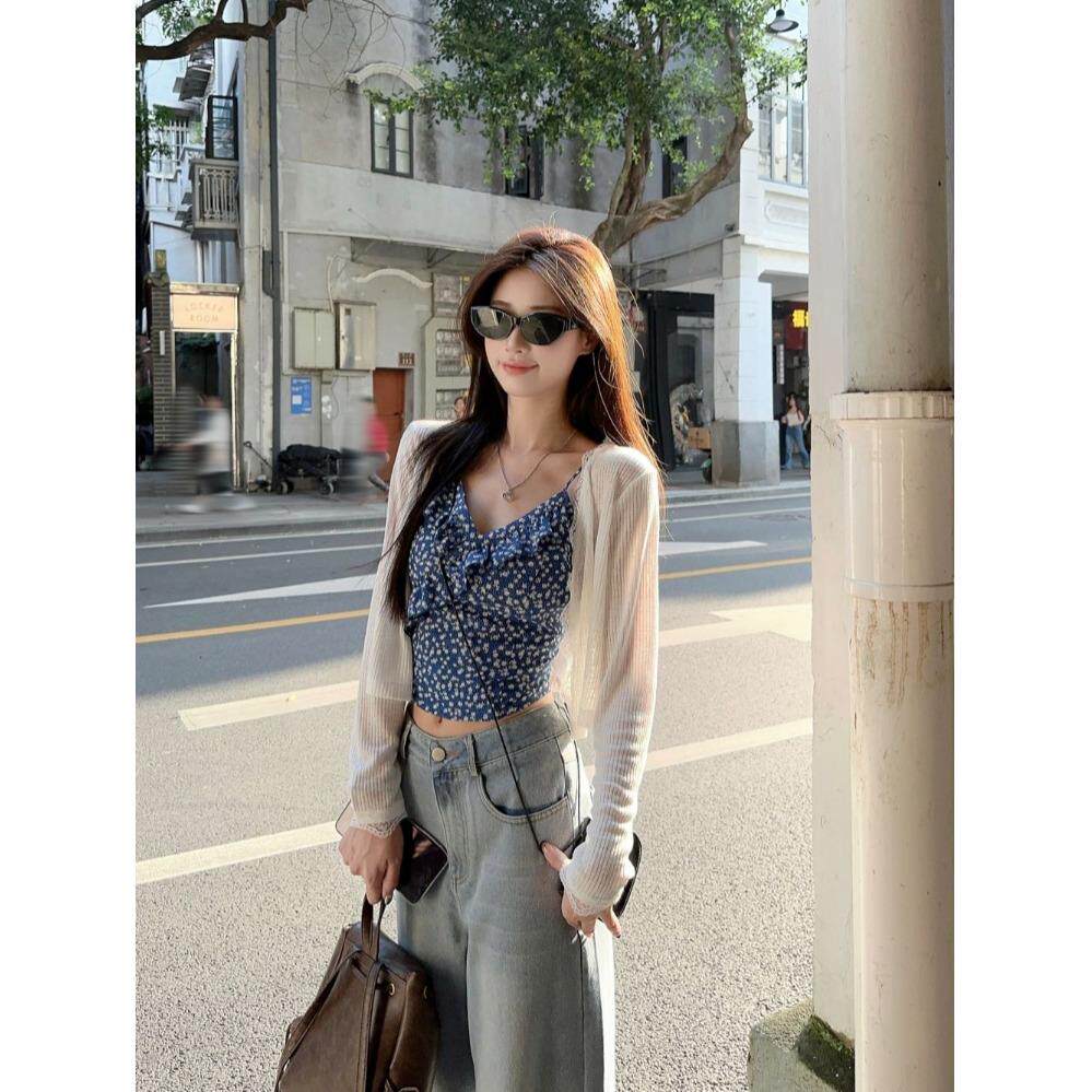 韩系白色针织小开衫女装夏季吊带两件套薄款防晒披肩外套短款上衣