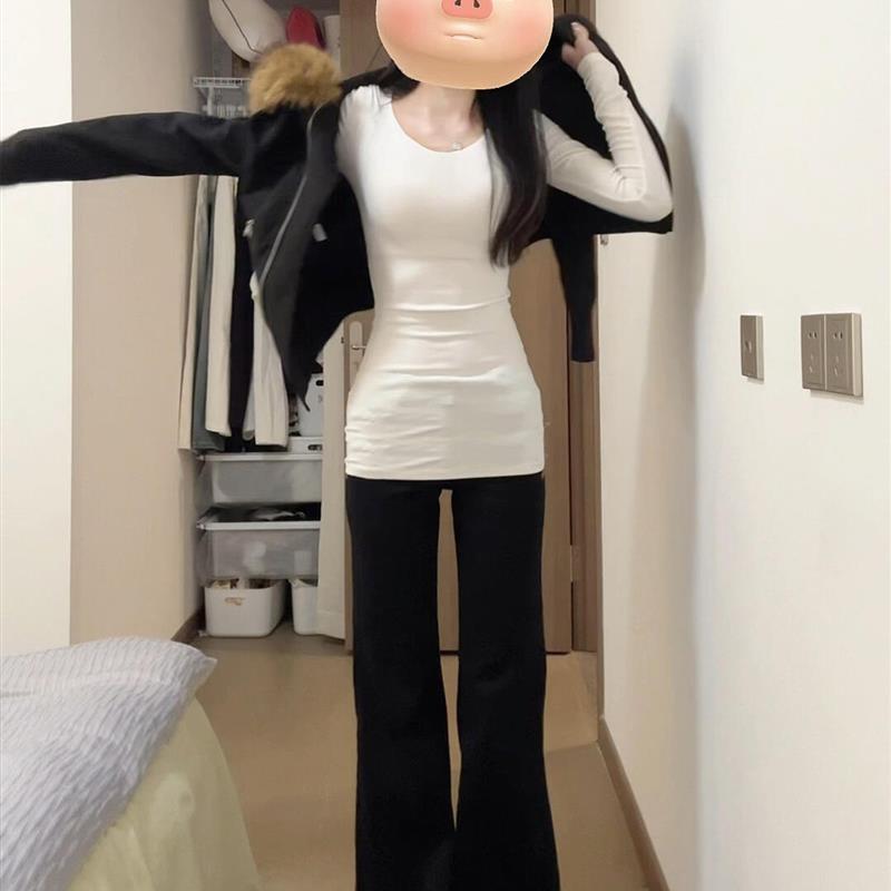 白色加绒内搭女上衣秋冬季打底衫保暖长袖修身长款秋衣外穿女款厚