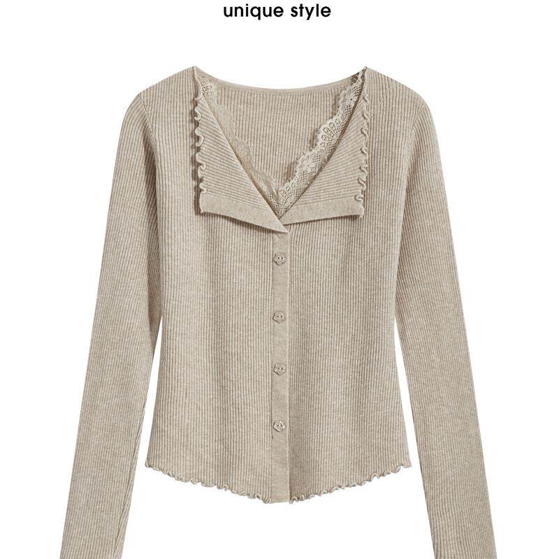 那些事衣橱纯欲V领蕾丝拼接针织衫女秋冬修身内搭木耳花边打底衫