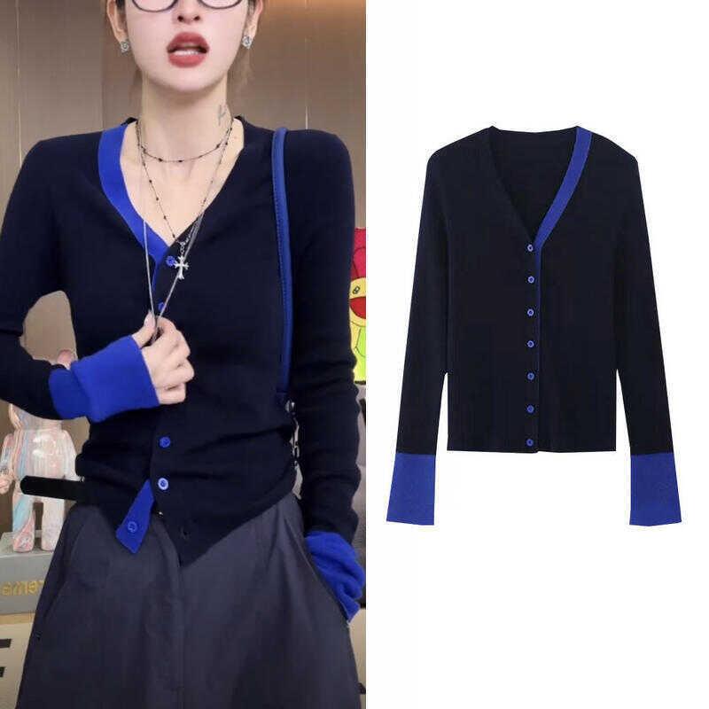 设计感拼接撞色长袖V领针织开衫女春季新款修身显瘦外套打底上衣