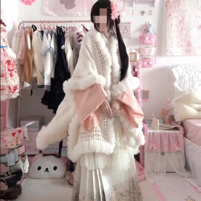 秋冬旗袍披肩外搭斗篷毛毛针织厚款长款大尺寸纯色新中式国风覆古