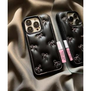 皮质刺绣蝴蝶结适用苹果16promax手机壳iPhone15女新款 韩系ins风时尚 14高级感16小众15Pro防摔14pro保护套13