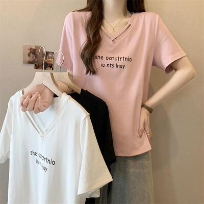 大码夏季时尚洋气v领正肩短袖t恤女微胖mm显瘦宽松遮肚子半袖上衣