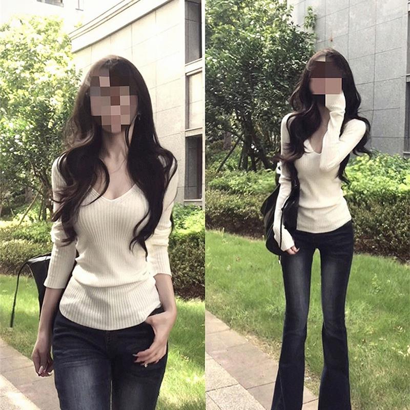 白色长袖v领针织衫女修身显瘦巨好看的早秋穿搭内搭打底衫T恤上衣