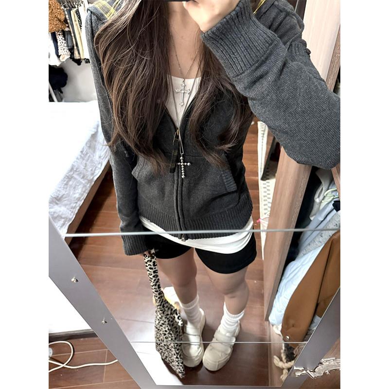 复古格子连帽灰色针织开衫外套毛衣女春季修身高级感韩系穿搭上衣