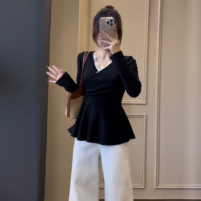 大码胖mm设计感蕾丝v领长袖t恤女秋季法式荷叶边收腰显瘦小众上衣