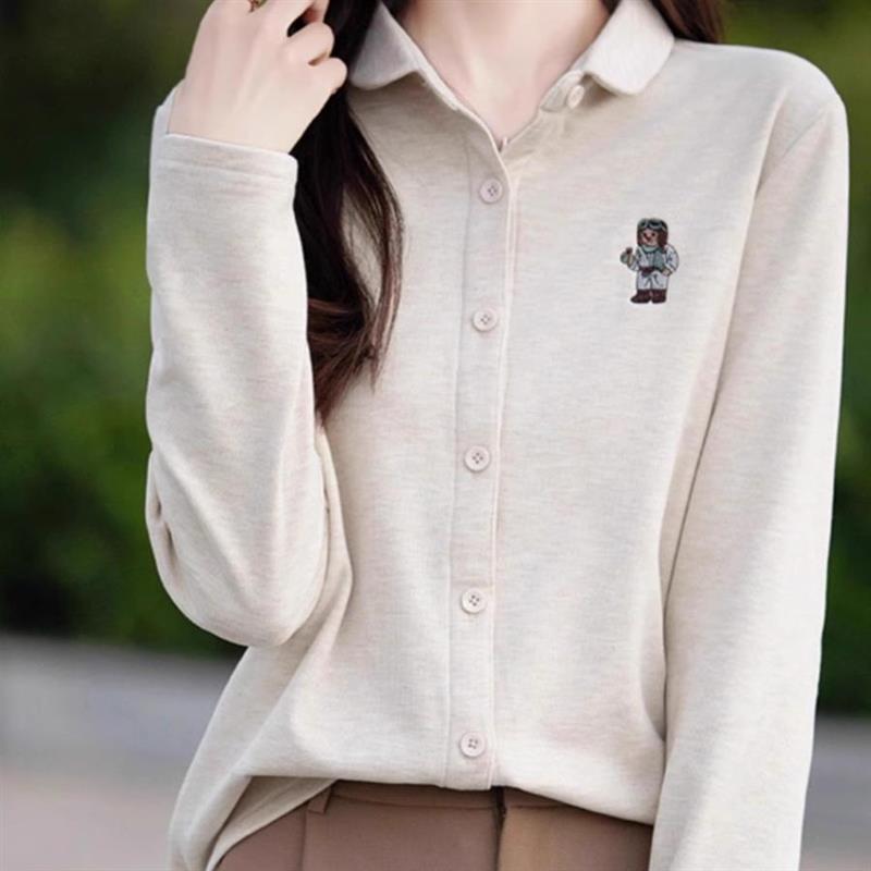 2024秋季新款时尚刺绣衬衫领打底衫女双面德绒简约休闲上衣外搭