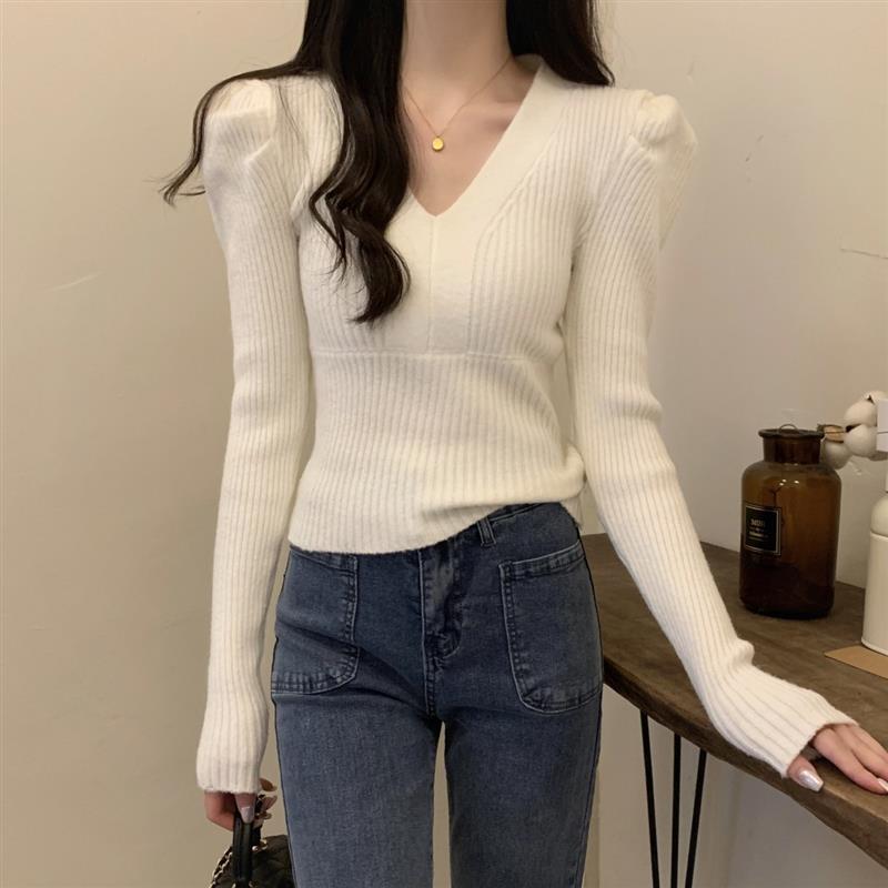 春季2025新款泡泡袖V领针织打底衫女高级感紧身毛衣内搭长袖上衣