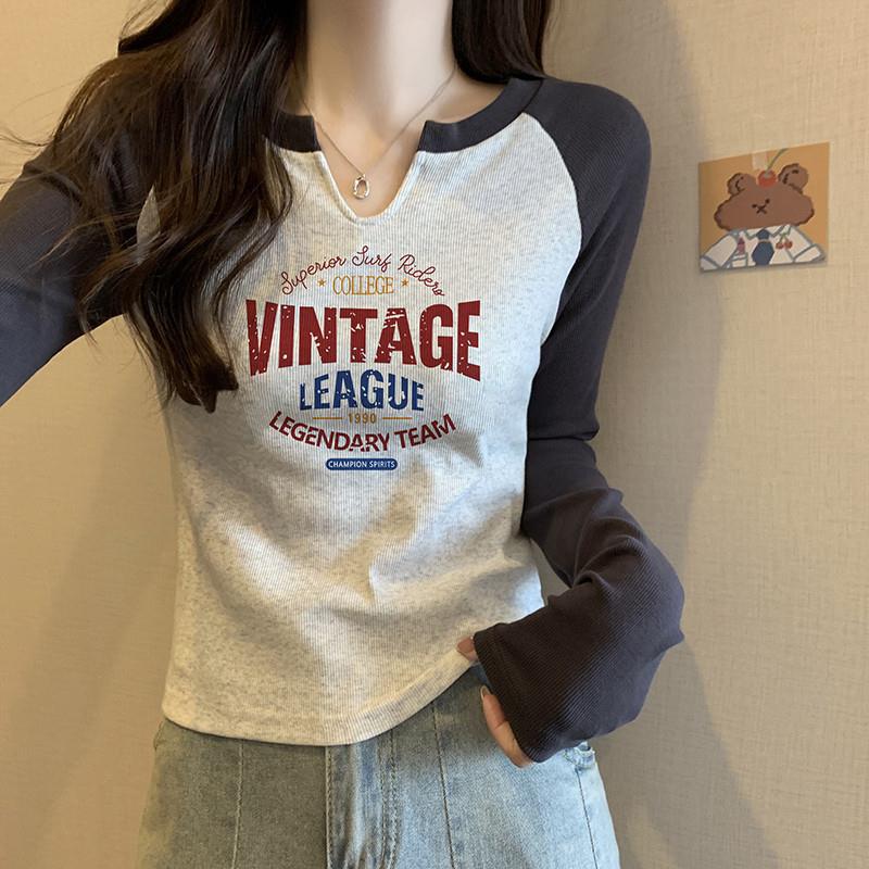 撞色插肩打底衫女秋冬内搭可外穿长袖t恤修身显瘦短款上衣高级感