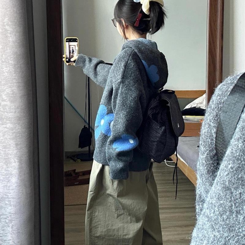 2025新款韩系穿搭高级感灰色连帽慵懒毛衣外套女秋冬针织开衫上衣