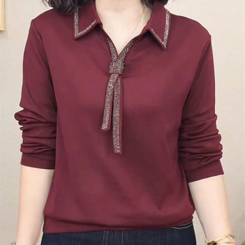 2025春秋新款时尚纯棉长袖打底衫女减龄妈妈装显瘦V领烫钻上衣潮