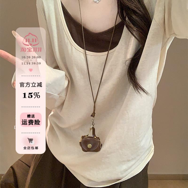 韩版撞色拼接假两件U领正肩长袖T恤女秋季宽松显瘦打底衫内搭上衣