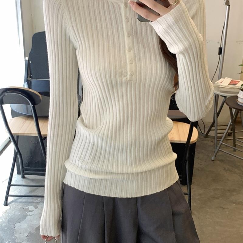 法式慵懒风坑条针织衫女秋冬别致半开领长袖修身纽扣内搭打底上衣
