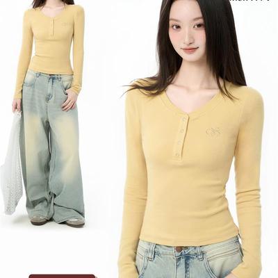 iiiamX黄色正肩长袖t恤女秋季修身内搭打底衫设计感上衣2025新款