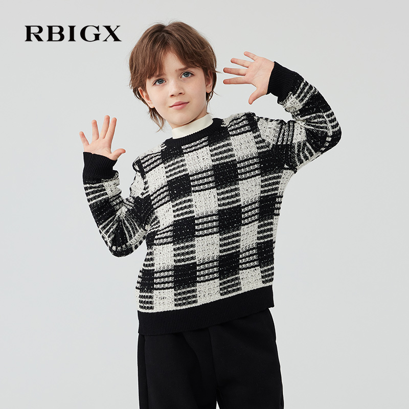 RBIGX瑞比克童装2025冬季新款羊毛混纺黑白格帅气男童设计感毛衫