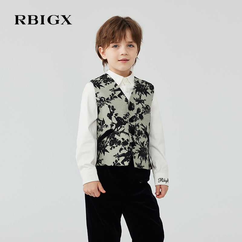 RBIGX瑞比克童装2025冬季新款儿童帅气新中式V领花卉图案马甲