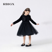 新款 RBIGX瑞比克童装 2025秋季 贵族高雅丝绒礼服珠片网纱连衣裙