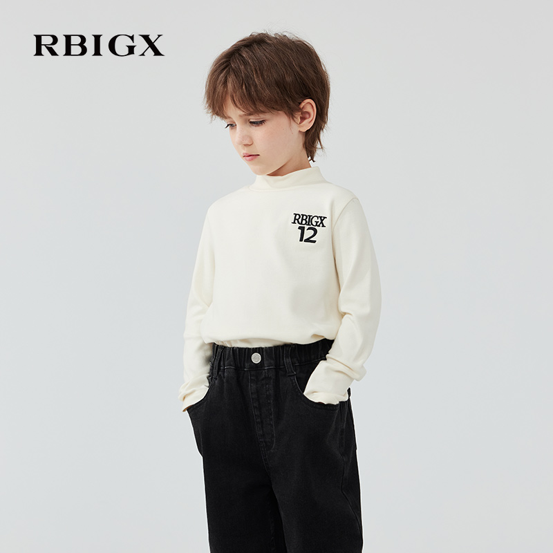 RBIGX瑞比克童装2025冬季新款撞色绣花帅气百搭儿童帅气长袖t恤