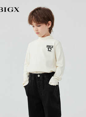 RBIGX瑞比克童装2025冬季新款撞色绣花帅气百搭儿童帅气长袖t恤