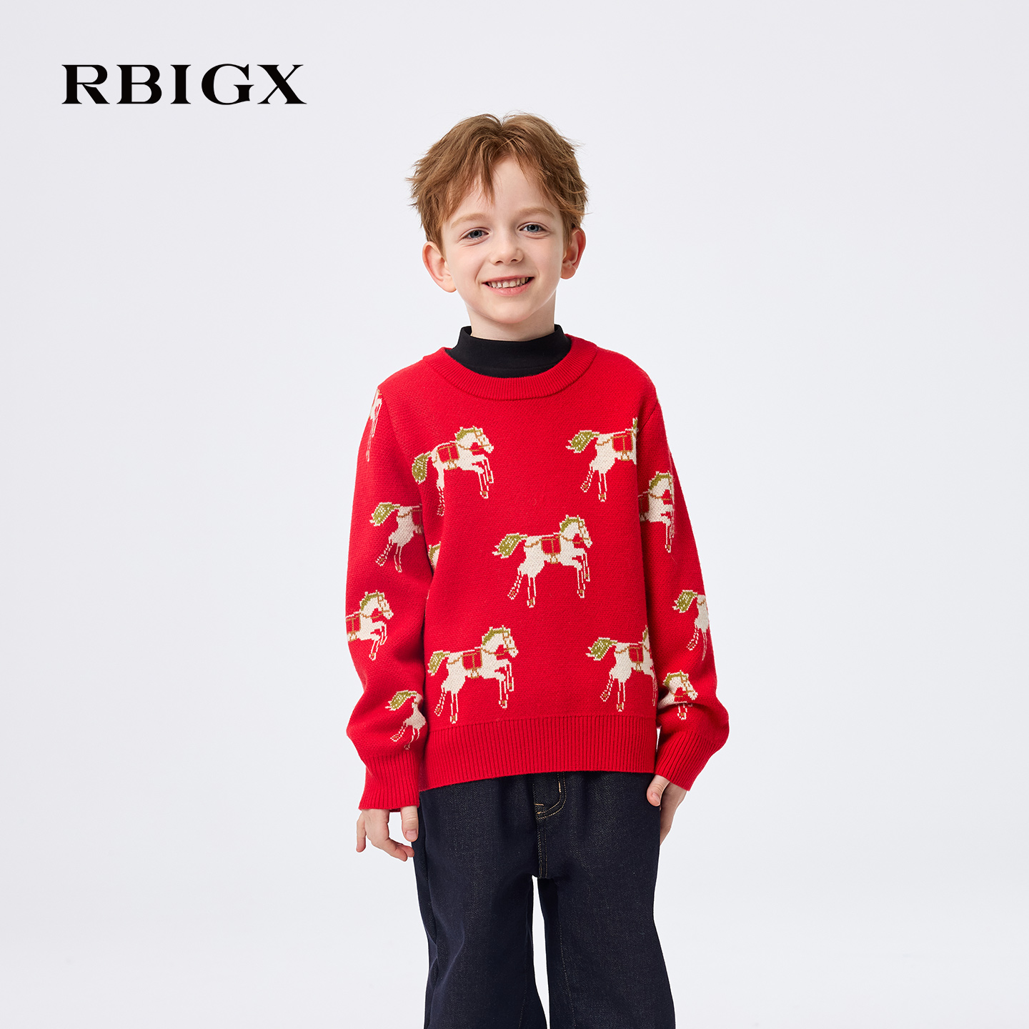 【拜年服】RBIGX瑞比克童装25冬季新款圆领红色保暖针织衫毛衣