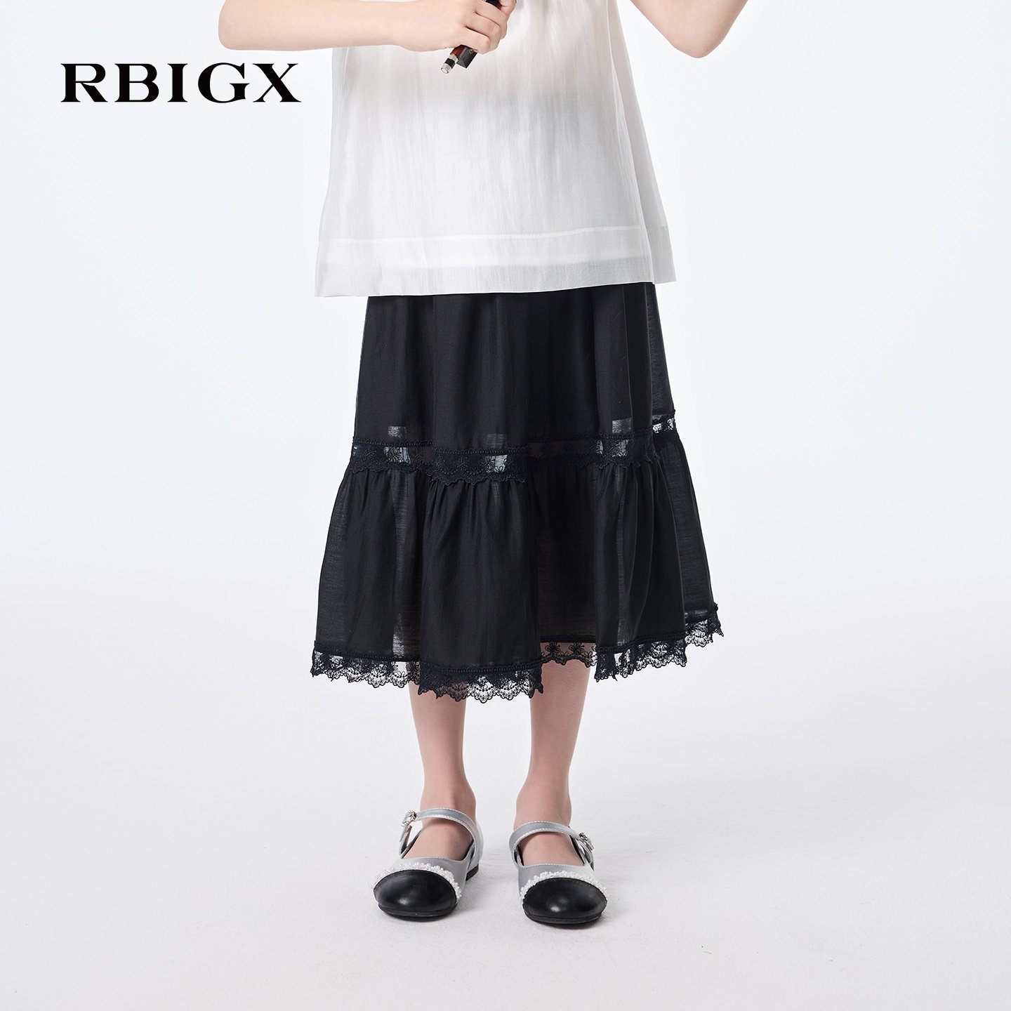 RBIGX瑞比克童装26夏季新款黑色蕾丝拼接A字半身裙中裙蛋糕裙