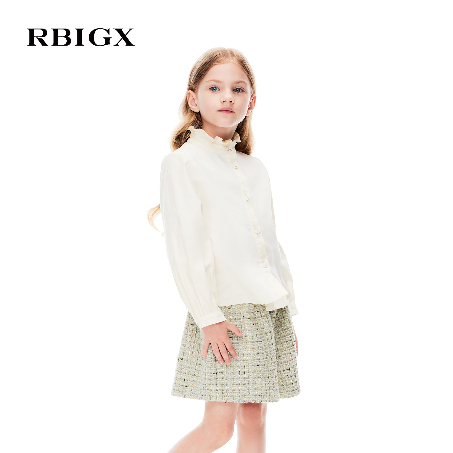 RBIGX瑞比克童装冬季新款女童韩版荷叶领珠片下摆长袖衬衫
