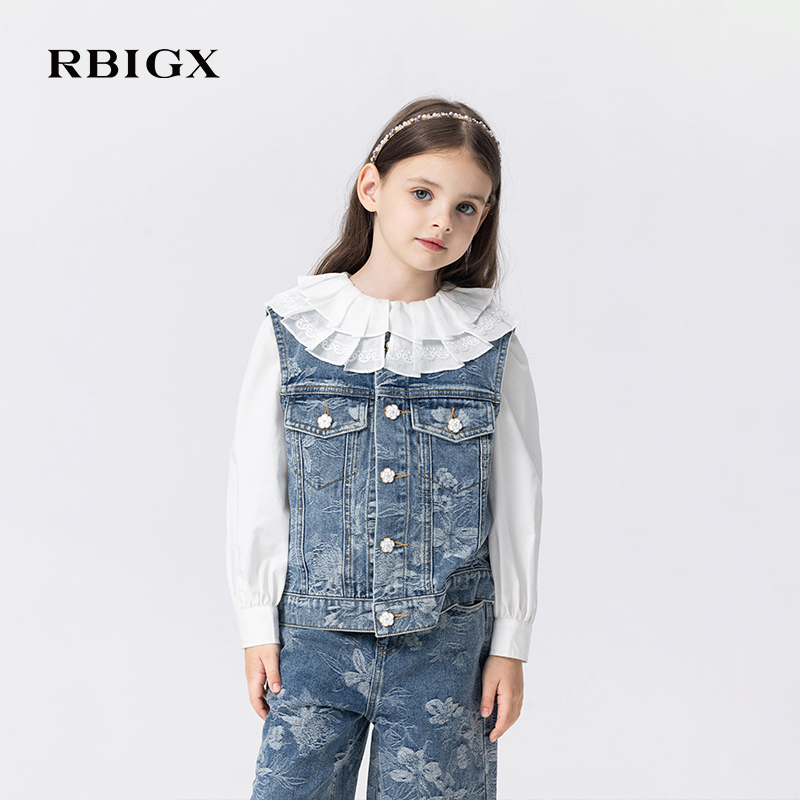 RBIGX瑞比克童装2025秋季新款提花花朵设计感牛仔套头设计感马甲
