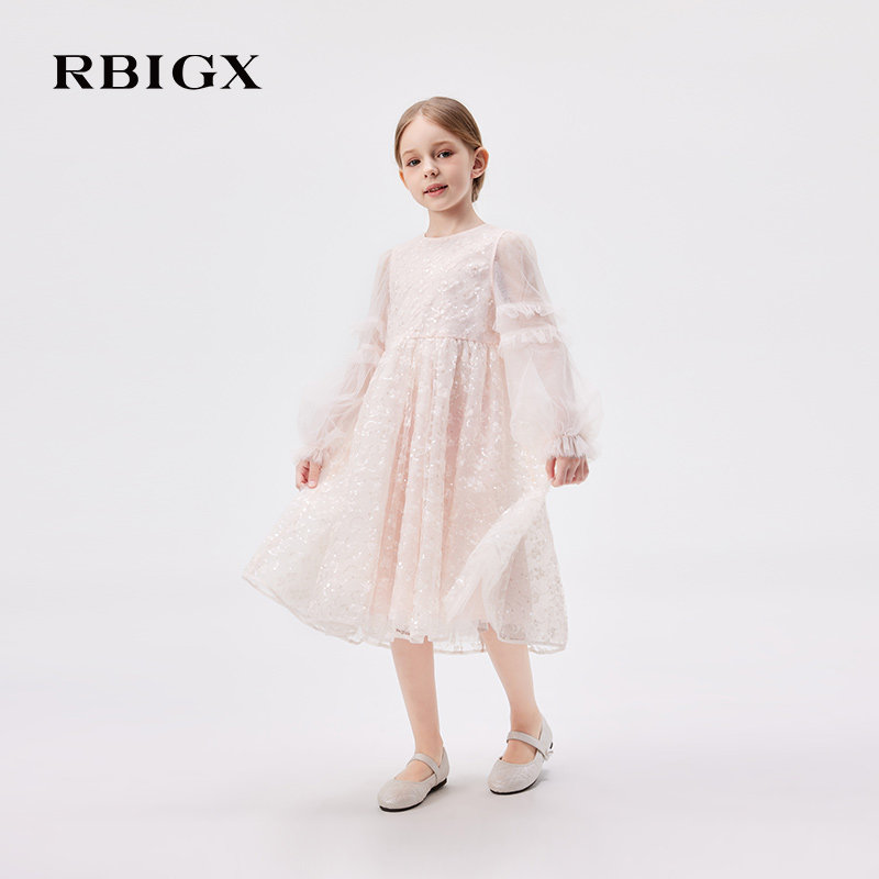 RBIGX童装秋季新款女童公主风网纱连衣裙长袖蓬蓬裙粉色仙女裙