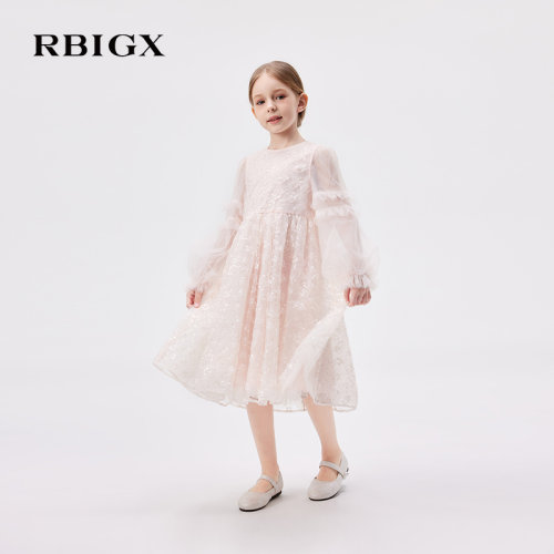 RBIGX童装秋季新款女童公主风网纱连衣裙长袖蓬蓬裙粉色仙女裙