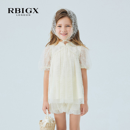 RBIGX瑞比克夏季新款蕾丝网纱T恤衫旗袍领百搭短袖女童泡泡袖小衫