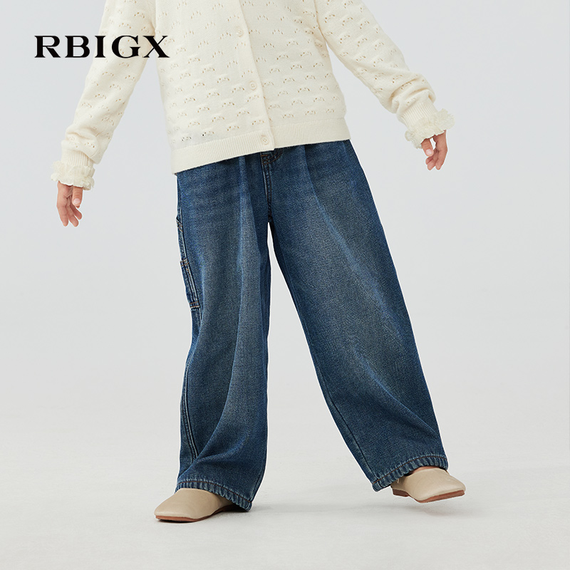 RBIGX瑞比克童装2025冬季新款儿童阔腿加绒多口袋设计绣花牛仔裤