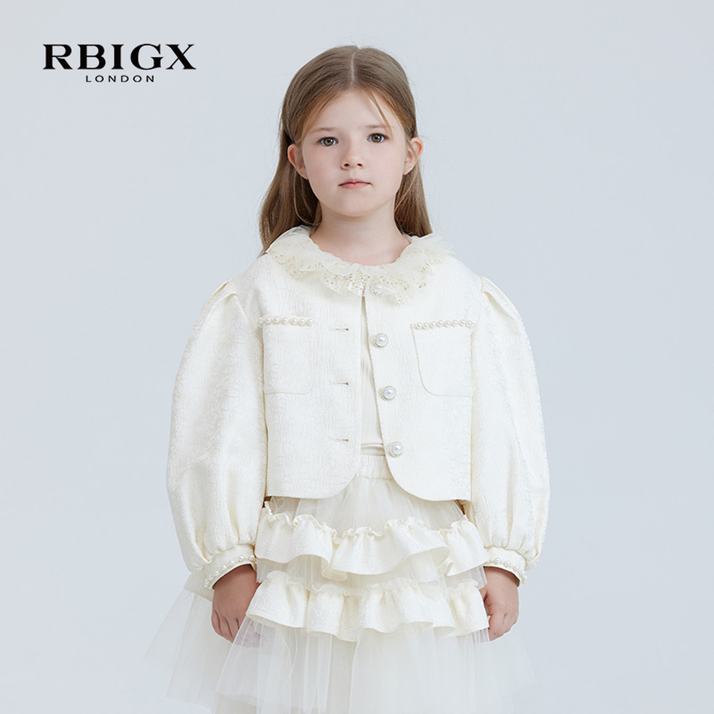 RBIGX瑞比克童装秋季新款女童淑女小香风珍珠落肩提花外套