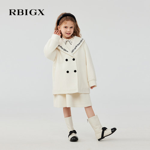 RBIGX瑞比克童装冬季新款女童百搭撞色织带加厚羊毛呢大衣