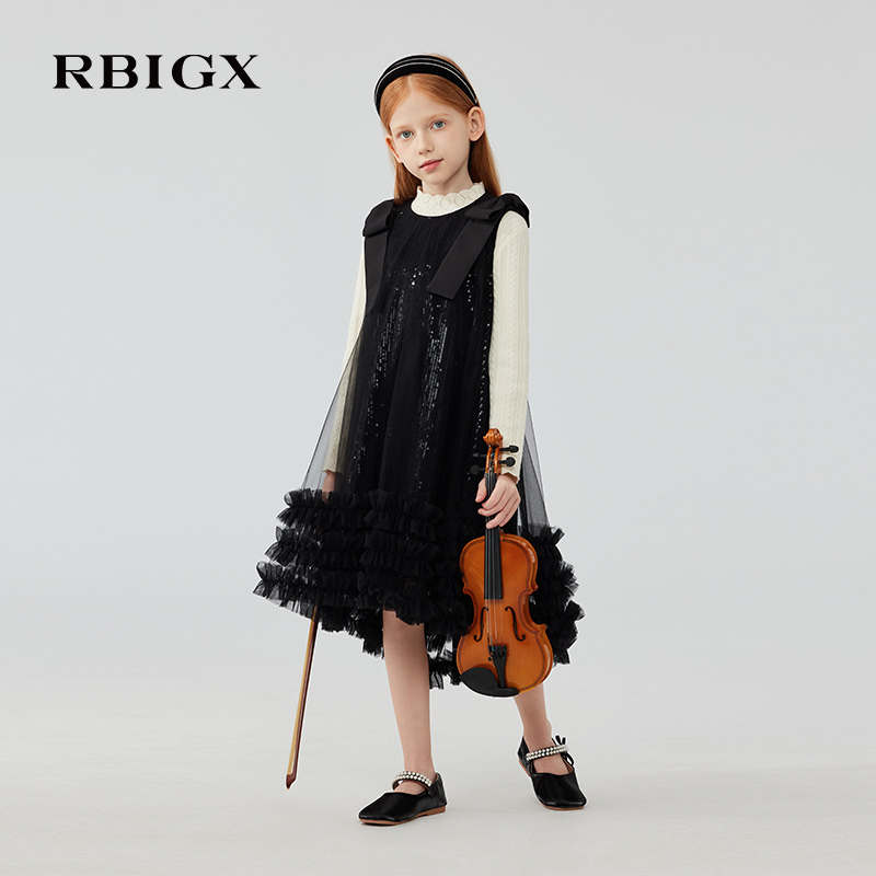 RBIGX瑞比克童装2025冬季新款木耳边网纱A摆礼服设计感连衣裙