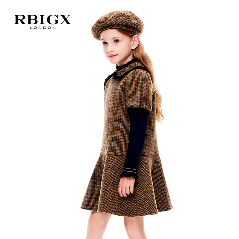 RBIGX瑞比克童装冬季新款女童格纹羊毛雅丹风娃娃领甜美连衣裙