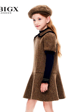 RBIGX瑞比克童装冬季新款女童格纹羊毛雅丹风娃娃领甜美连衣裙