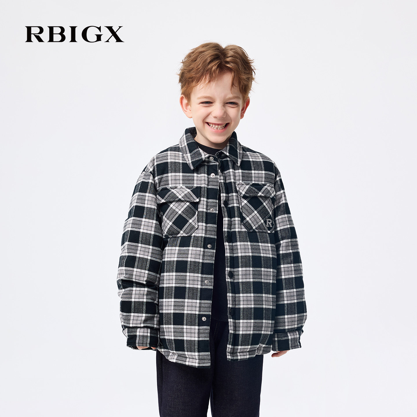 RBIGX瑞比克童装冬季新款美式复古格子衬衫式男童羽绒服薄款外套