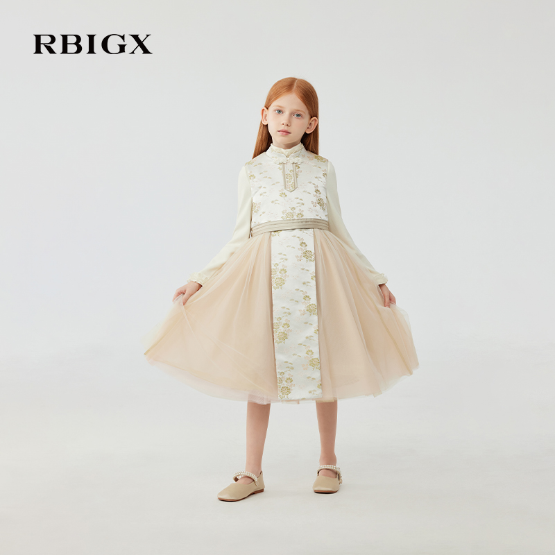 RBIGX瑞比克童装2025冬季新款中式马面裙网纱撞色公主连衣裙
