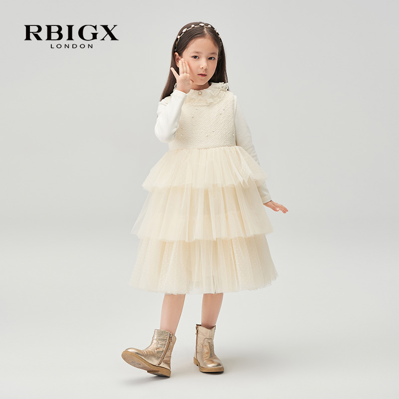 RBIGX瑞比克童装冬季新款珍珠呢料波点网纱设计感连衣裙
