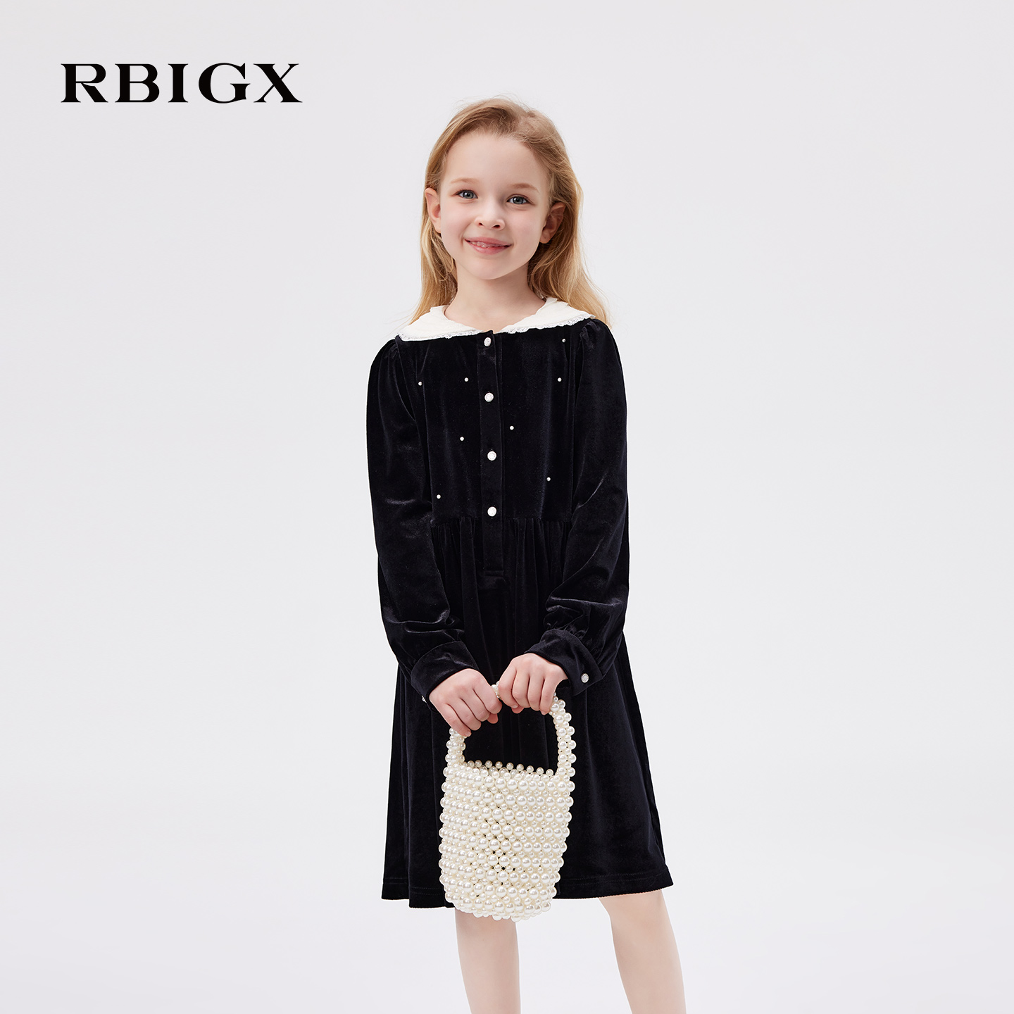 【商场同款】RBIGX瑞比克童装2025秋季新款撞色花边领丝绒连衣裙