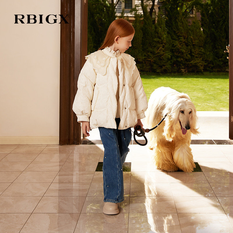 RBIGX瑞比克童装冬季新款网纱刺绣翻领复古精致保暖羽绒服