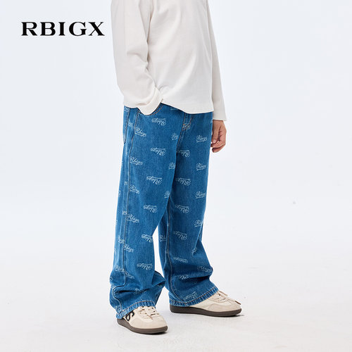 RBIGX瑞比克童装秋季新款美式复古印花牛仔裤男童宽松阔腿裤