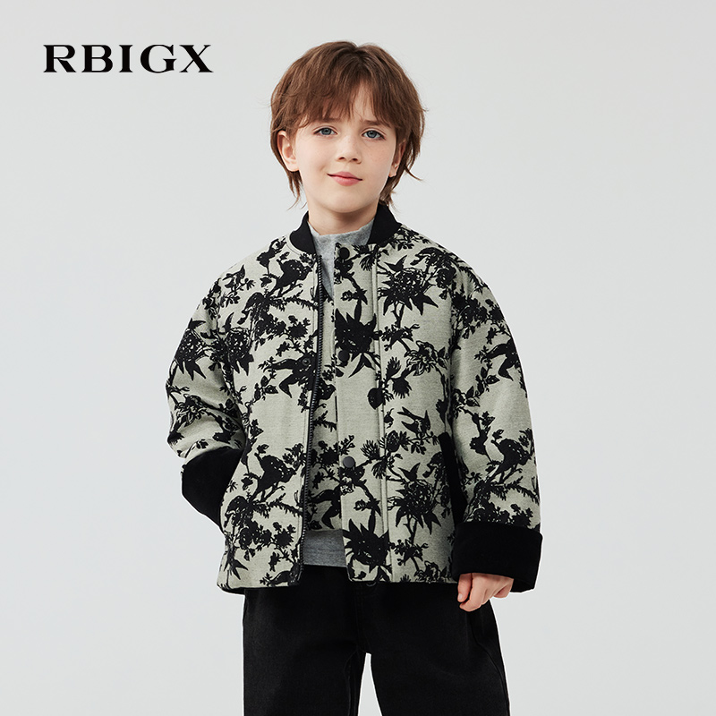 RBIGX瑞比克童装2025冬季新款新中式黑色花灰图案夹克棒球领外套